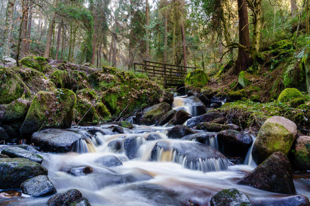 footbridge over waterfall at Wyming Brook, Peak District